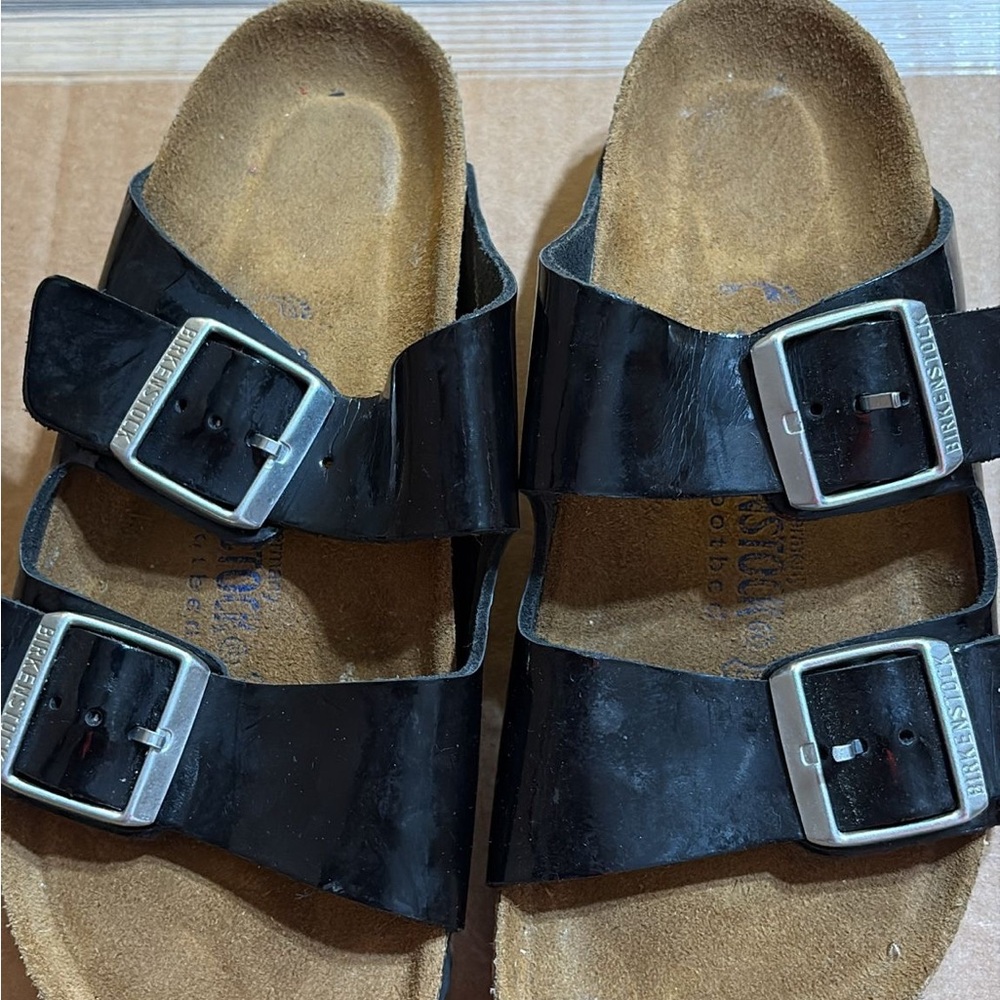 Black Double Strap Sandals with Silver Buckles